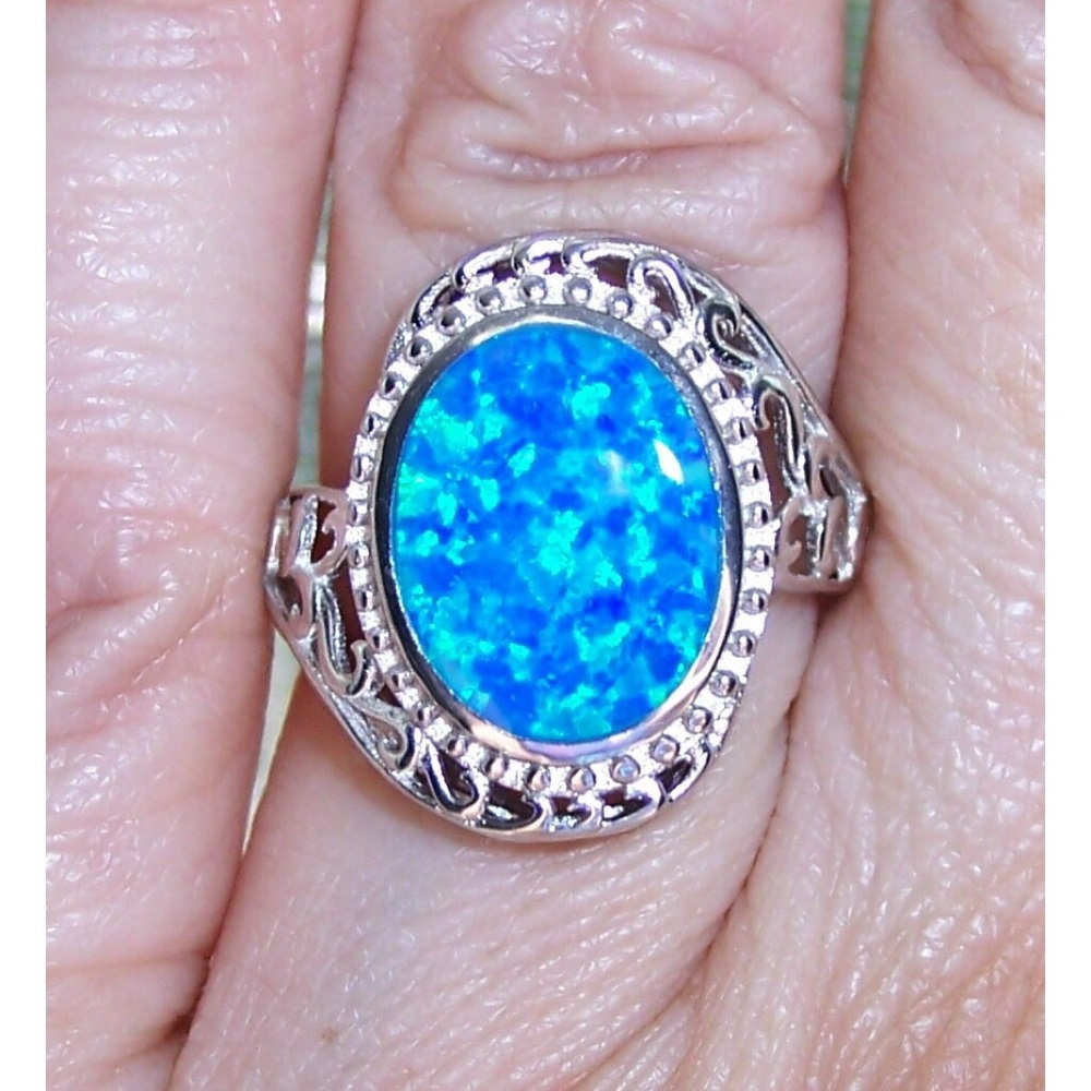 925 STERLING SILVER Lab Created Blue Fire Opal Ring - Picture 5 of 16